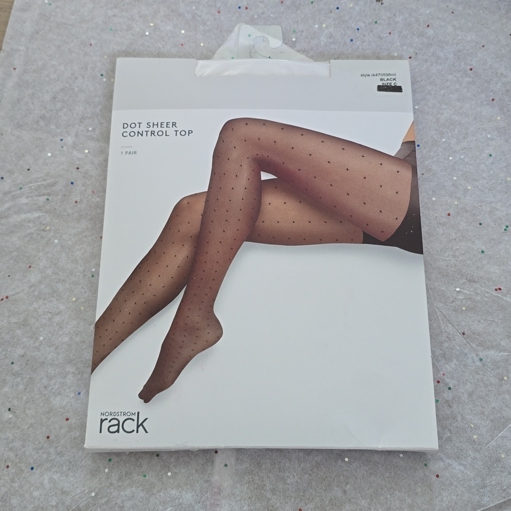 Nordstrom Rack Control Top Pantyhose Black Dot Mesh Sheer Size C Large